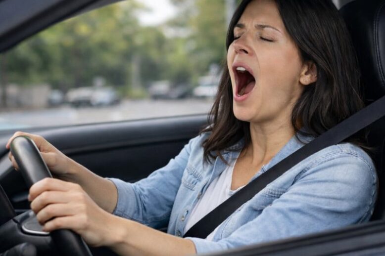 apnea notturna e guida Donna alla guida che sbadiglia per sonnolenza causata da apnea notturna