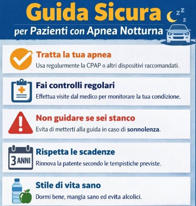 Consigli di sicurezza per pazienti con apnea notturna e patente di guida.
